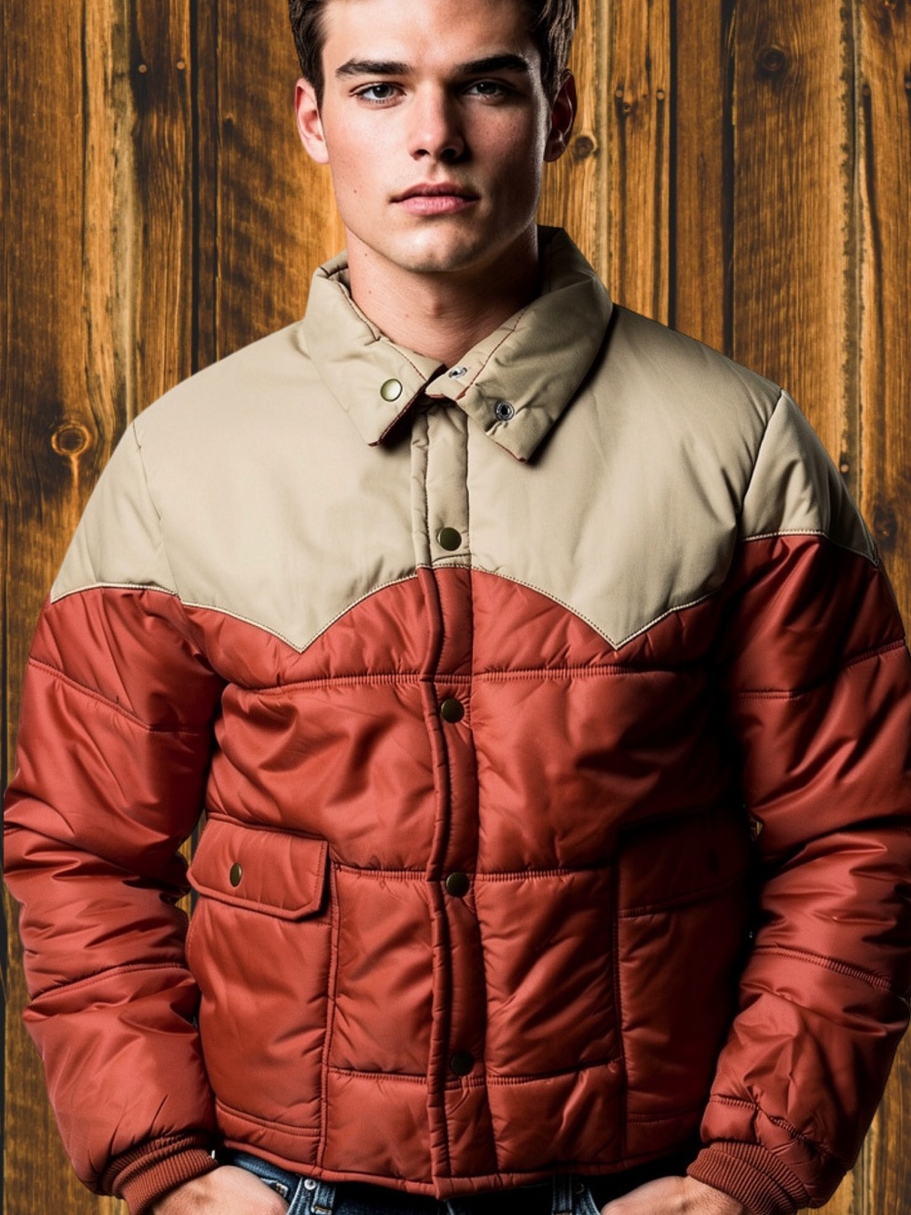 Men's Two-Tone Puffer Jacket in Rust and Beige